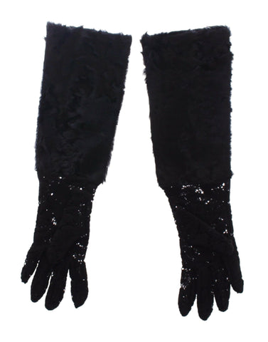 Black lace wool and lambskin fur elbow gloves by Dolce & Gabbana with intricate lace detailing and soft fur trim.