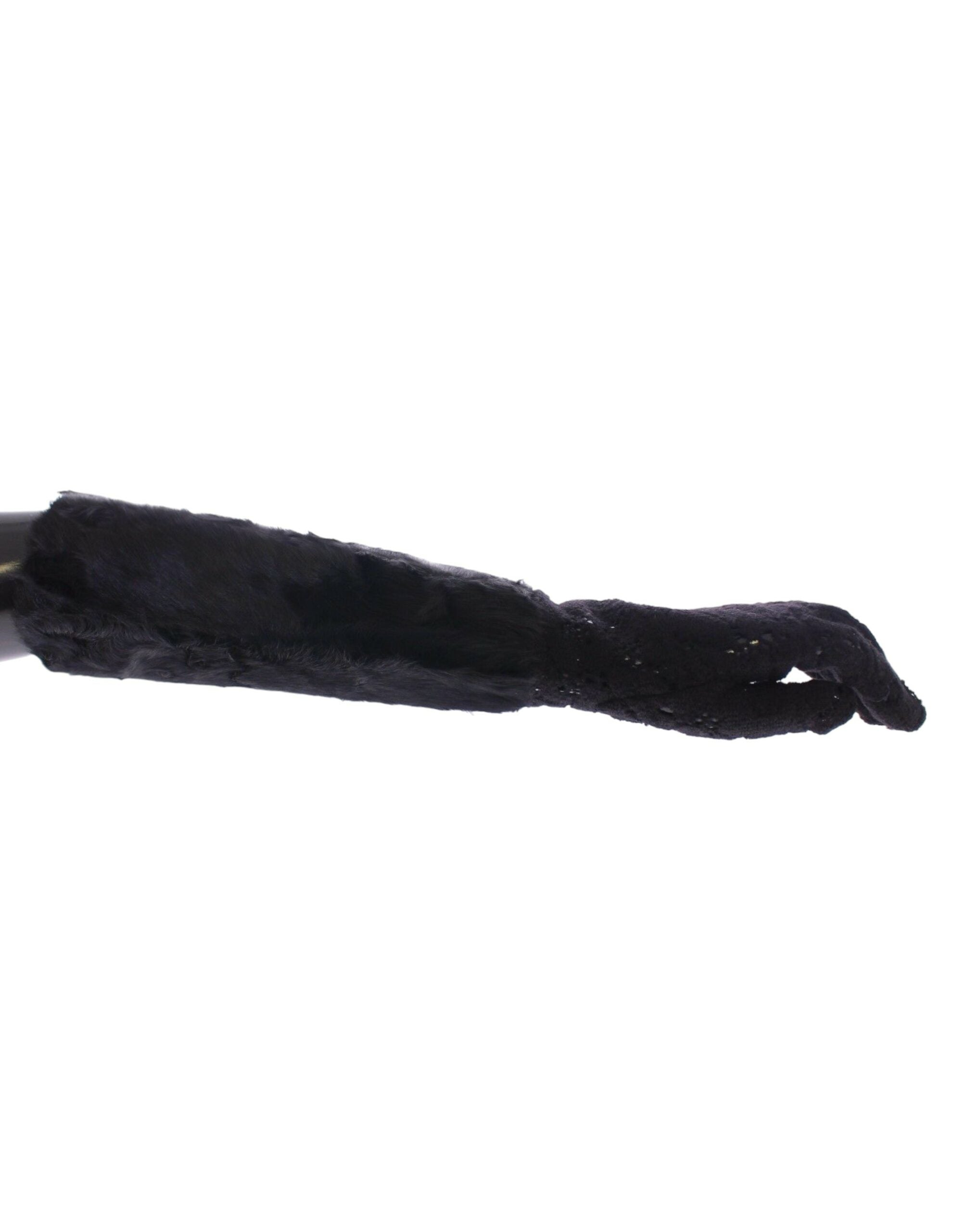Black lace wool and lambskin fur elbow gloves by Dolce & Gabbana, featuring elegant lace and plush fur trim.