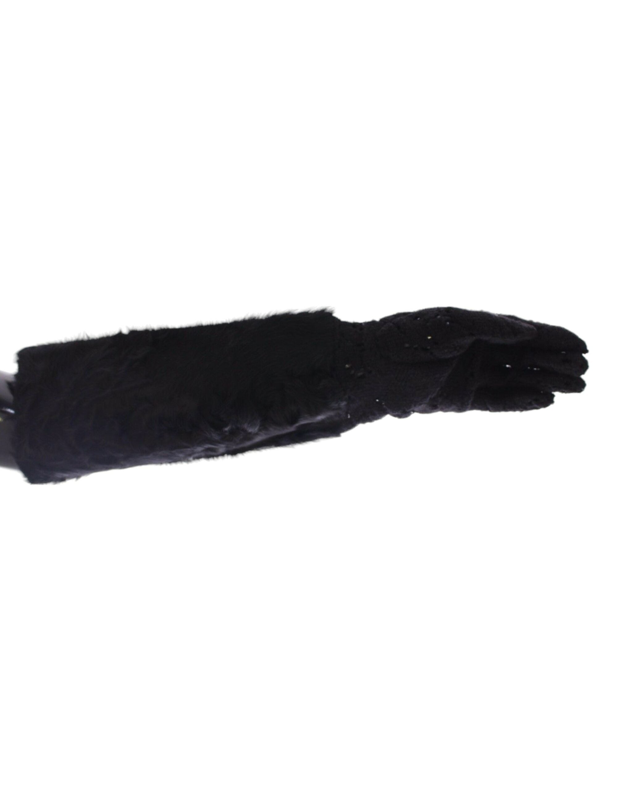 Black lace wool and lambskin fur elbow gloves by Dolce & Gabbana, featuring intricate lace design and luxurious fur trim.