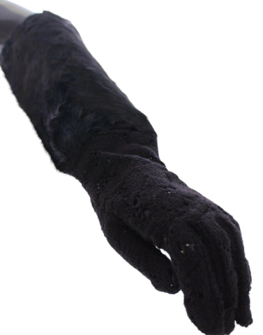 Black lace wool and lambskin fur elbow gloves by Dolce & Gabbana, featuring intricate lace detailing and luxurious fur accents.
