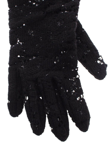 Black lace wool and lambskin fur elbow gloves by Dolce & Gabbana, featuring intricate lace details and plush fur trim.