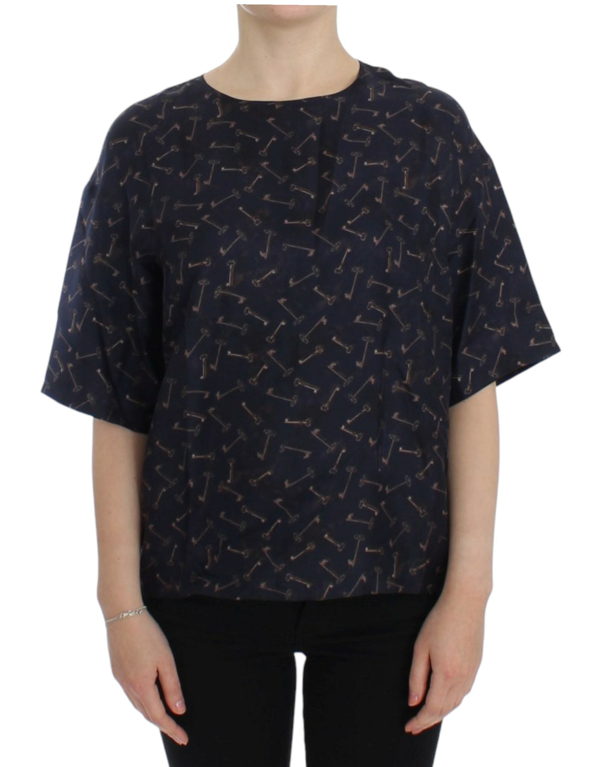 Blue silk blouse with gold key print from Dolce & Gabbana, featuring a stylish, flowy design and elegant long sleeves.