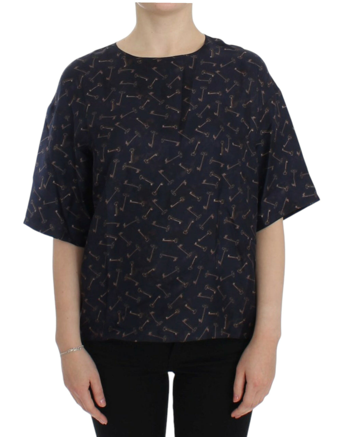 Blue silk blouse with gold key print from Dolce & Gabbana, featuring a stylish, flowy design and elegant long sleeves.