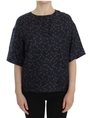 Blue silk blouse with gold key print from Dolce & Gabbana, featuring a stylish, flowy design and elegant long sleeves.