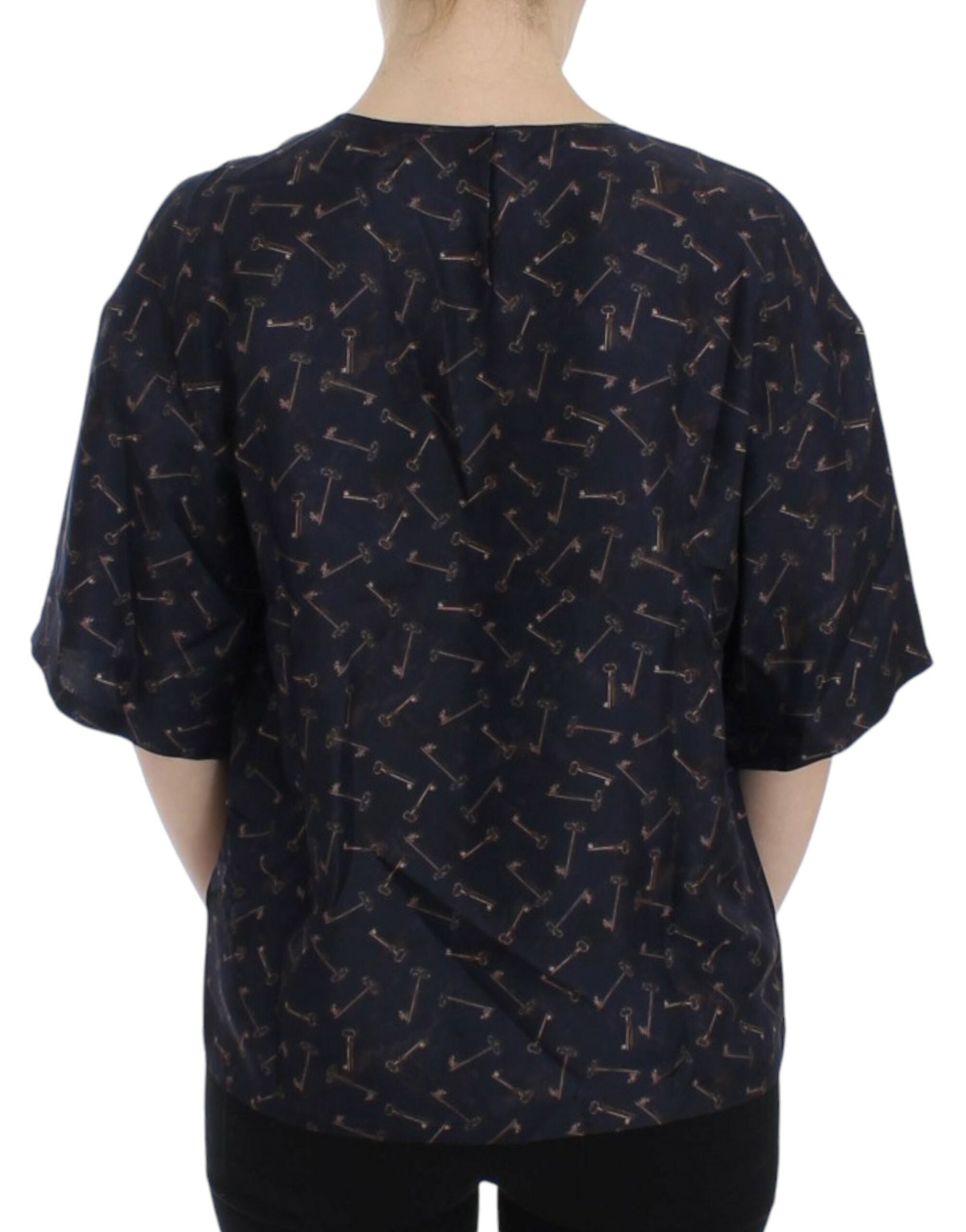 Blue silk blouse with gold key print by Dolce & Gabbana, featuring a stylish, elegant design and intricate pattern details.