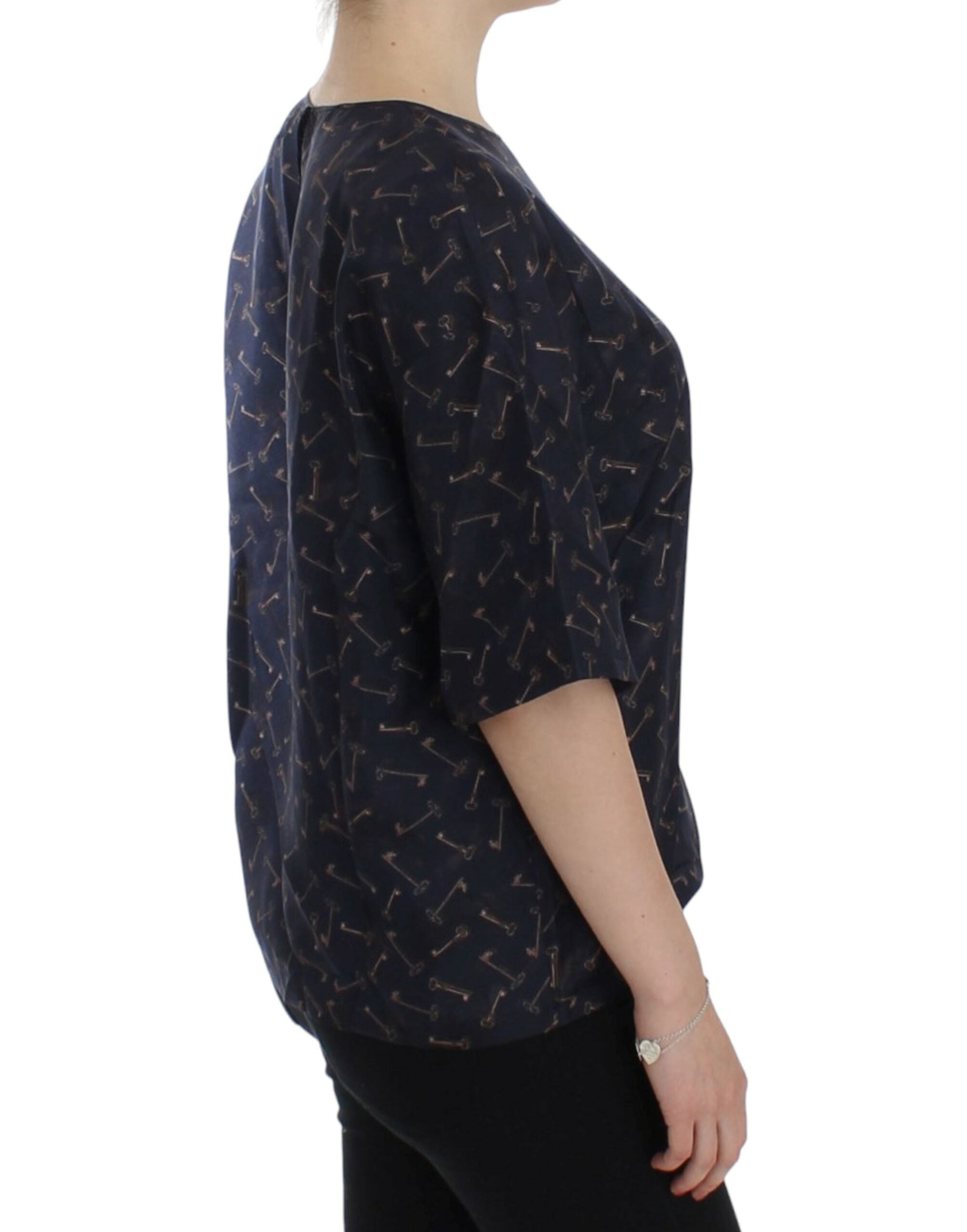 Blue silk blouse with gold key print by Dolce & Gabbana, featuring a stylish and elegant design.
