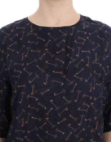 Blue silk blouse with gold key print by Dolce & Gabbana, featuring a stylish, elegant design and smooth fabric.