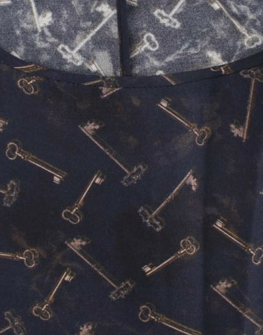 Blue silk blouse with gold key print by Dolce & Gabbana, featuring a stylish, flowing design and elegant neckline.