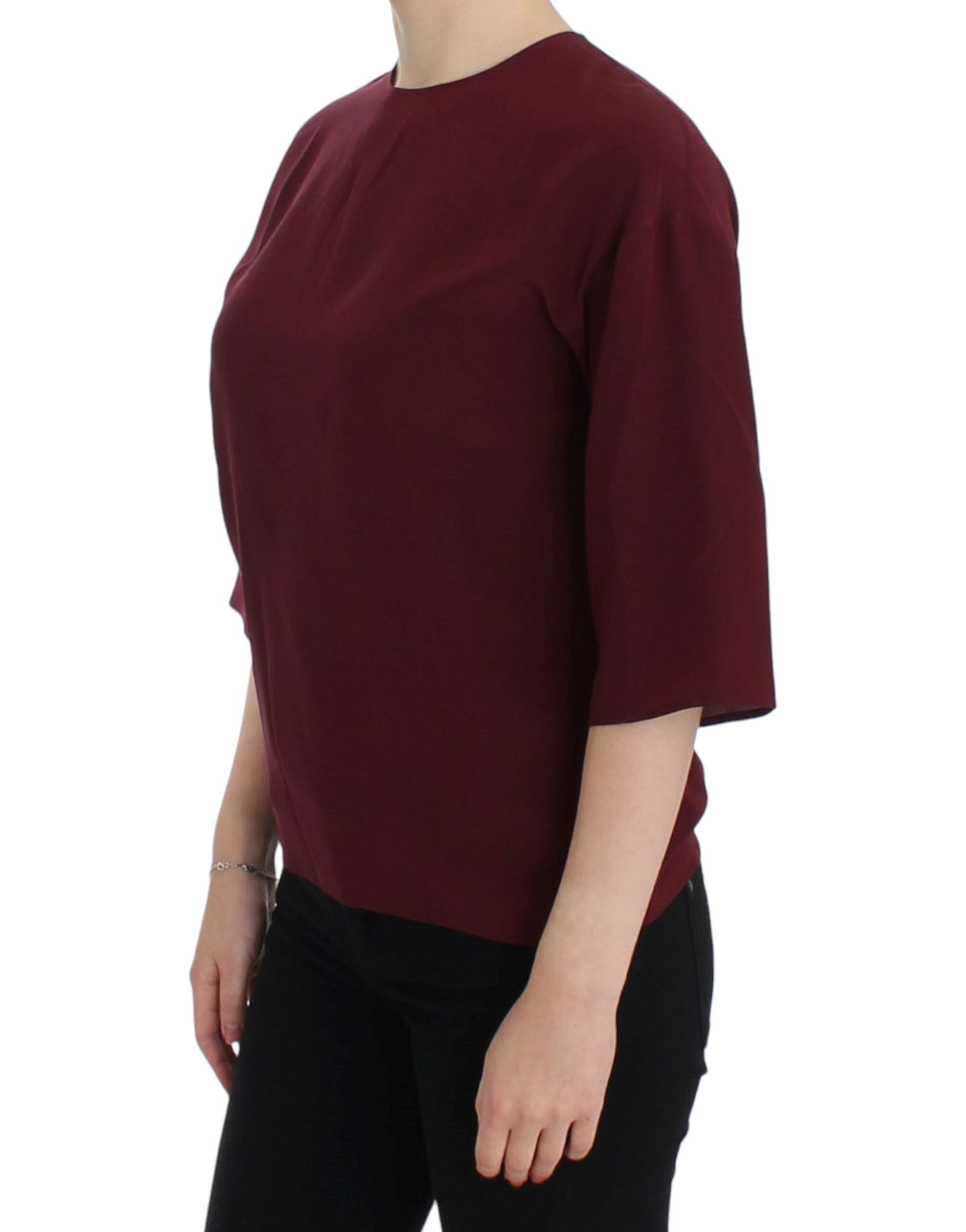 Red 3/4 sleeve silk blouse by Dolce & Gabbana, featuring elegant drape and classic design, displayed on a plain background.