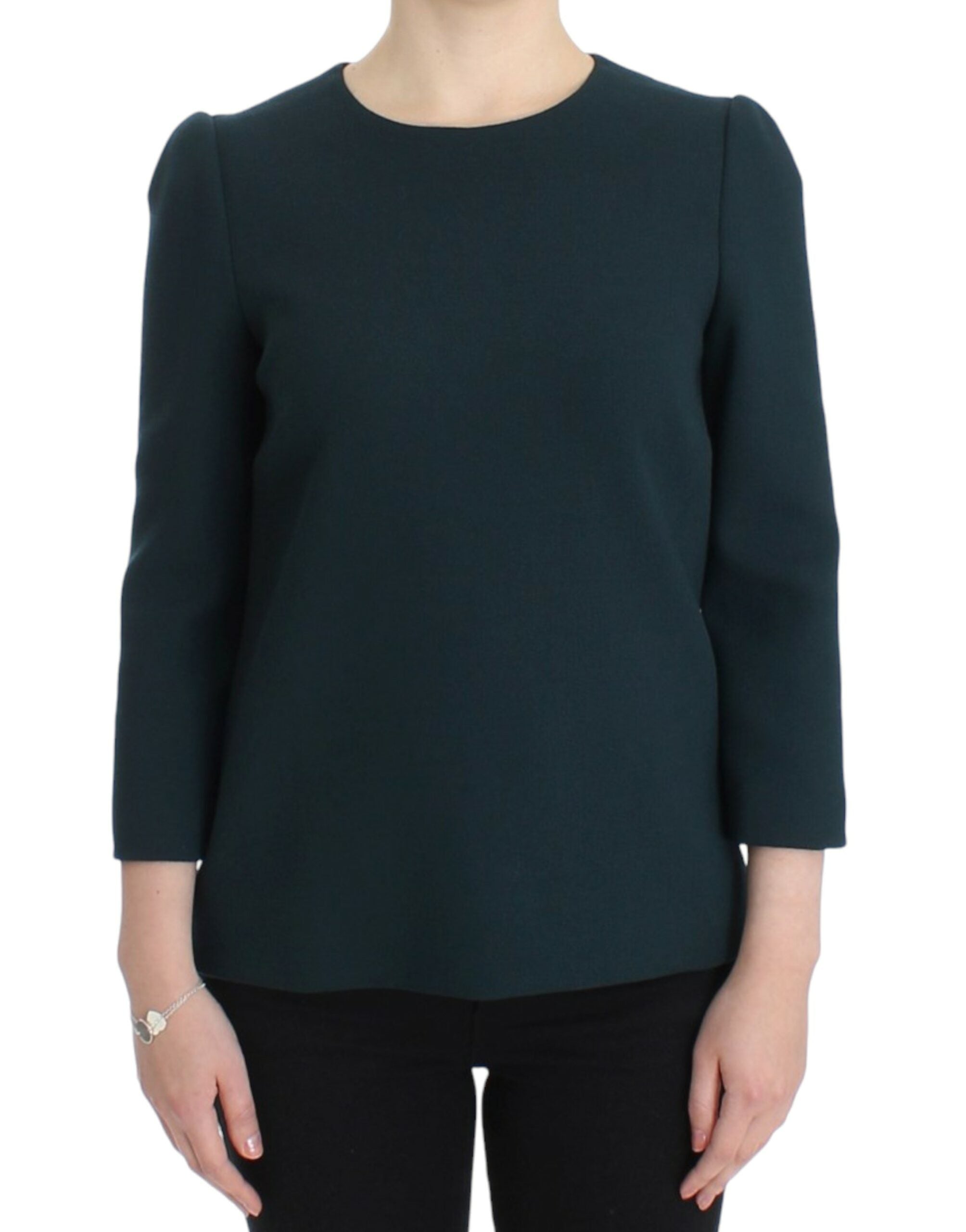 Green Dolce & Gabbana 3/4 sleeve wool blouse with a classic fit and stylish collar, shown on a white background.