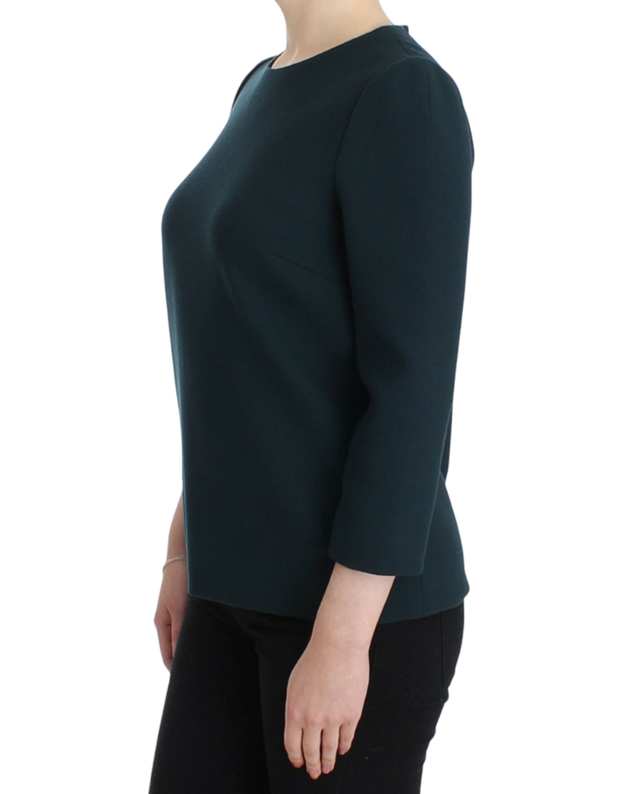 Green 3/4 sleeve wool blouse by Dolce & Gabbana, showing the fitted design and textured fabric.