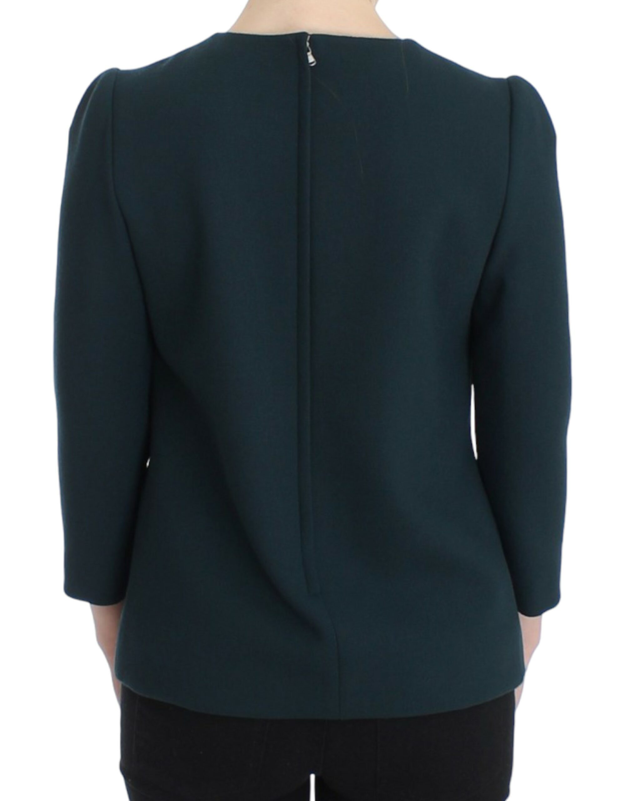 Green Dolce & Gabbana 3/4 sleeve wool blouse with a relaxed fit and subtle texture, shown on a white background.