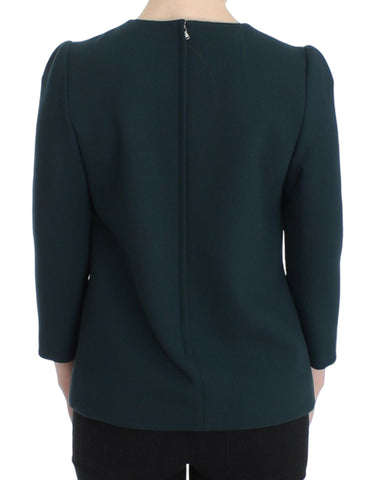 Green Dolce & Gabbana 3/4 sleeve wool blouse with a relaxed fit and subtle texture, shown on a white background.