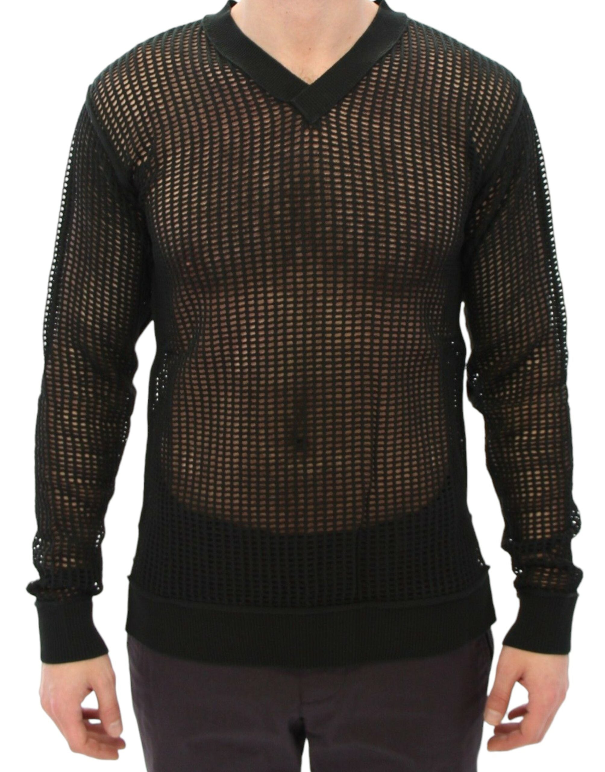 Dark green Dolce & Gabbana runway netted pullover sweater with a stylish, open-knit design.