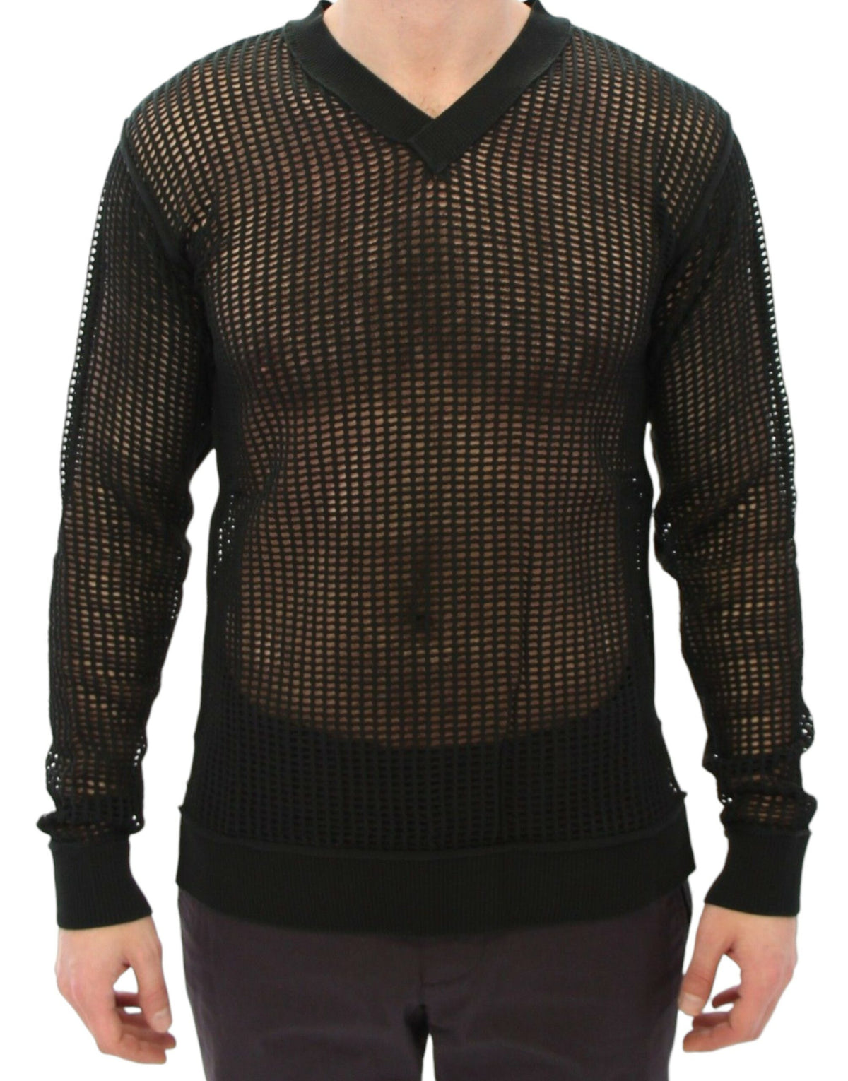 Dark green Dolce & Gabbana runway netted pullover sweater with a stylish, open-knit design.