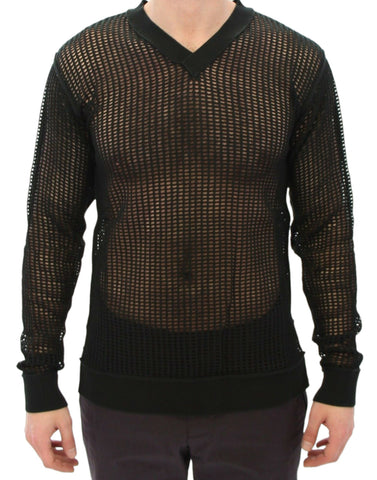 Dark green Dolce & Gabbana runway netted pullover sweater with a stylish, open-knit design.