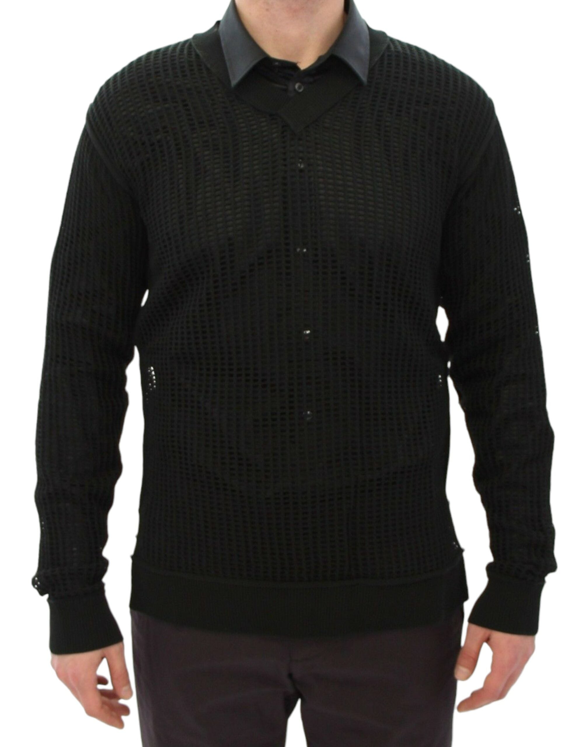 Dark green Dolce & Gabbana runway netted pullover sweater featuring a stylish, open-knit design and textured fabric.