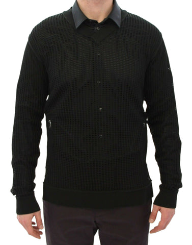 Dark green Dolce & Gabbana runway netted pullover sweater featuring a stylish, open-knit design and textured fabric.