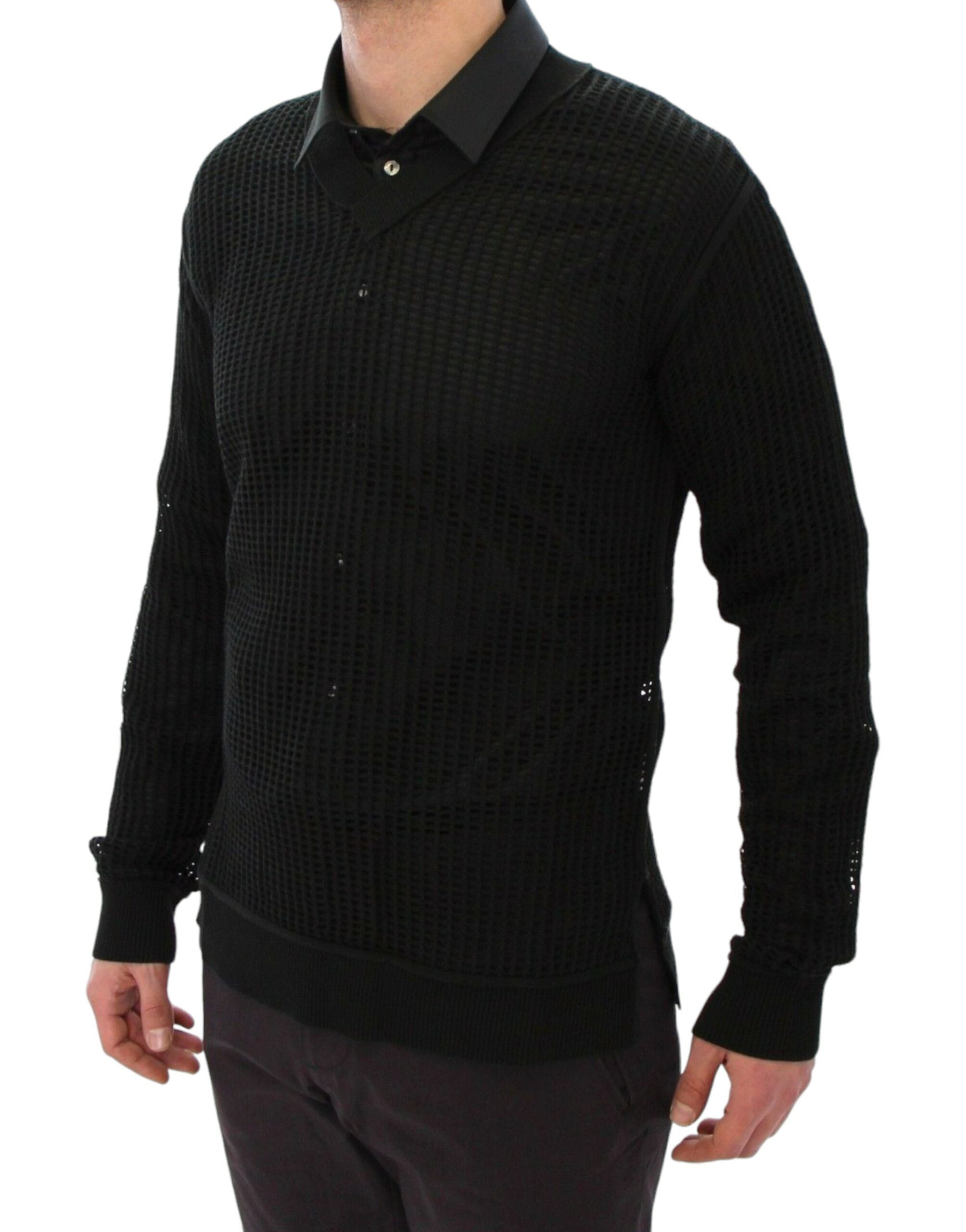 Dark green Dolce & Gabbana runway netted pullover sweater with a stylish, open-knit design and relaxed fit.