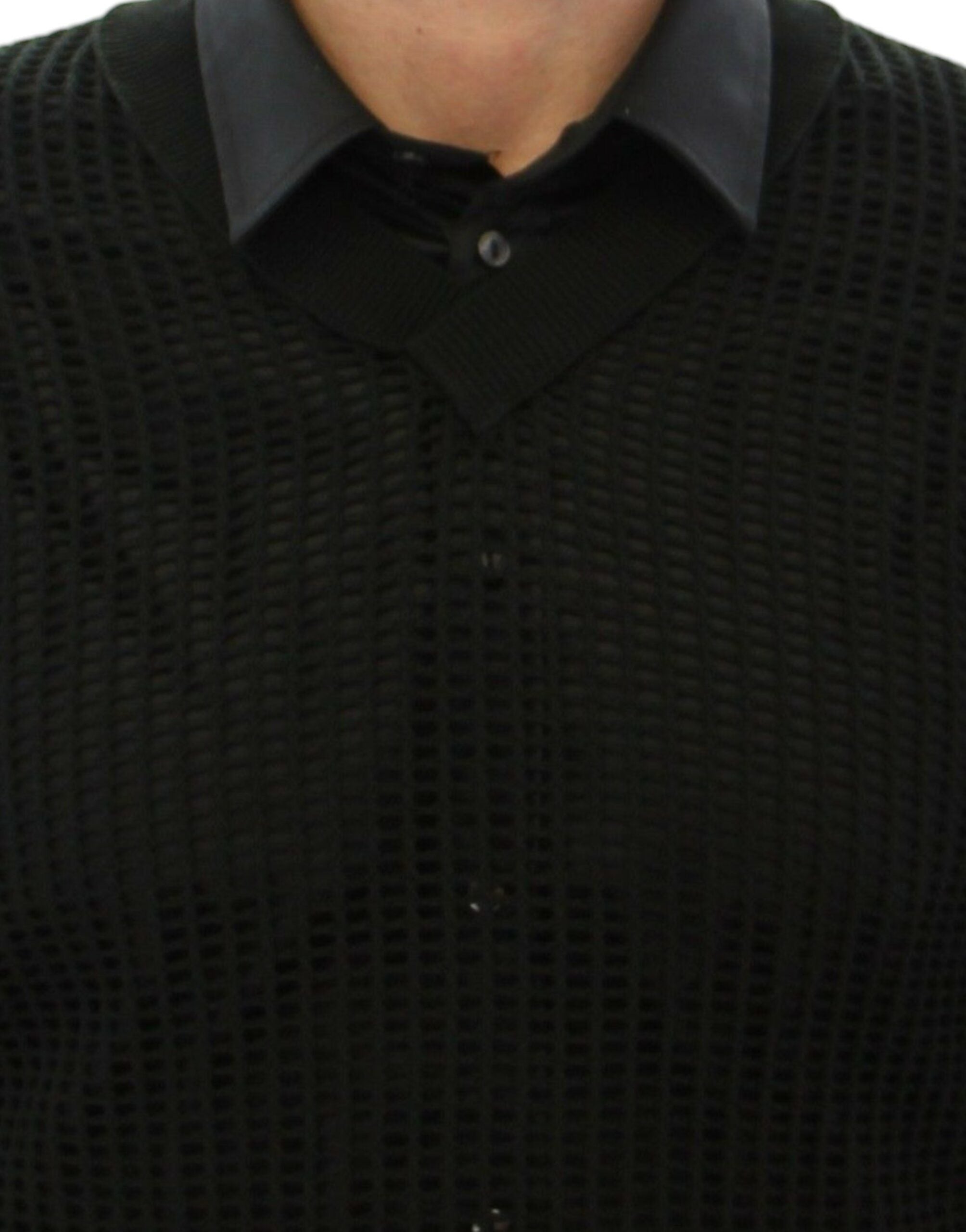 Dark green Dolce & Gabbana runway netted pullover sweater with a fitted, netted knit design and long sleeves.