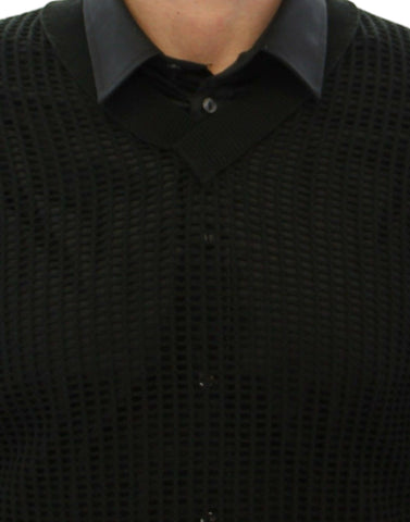 Dark green Dolce & Gabbana runway netted pullover sweater with a fitted, netted knit design and long sleeves.