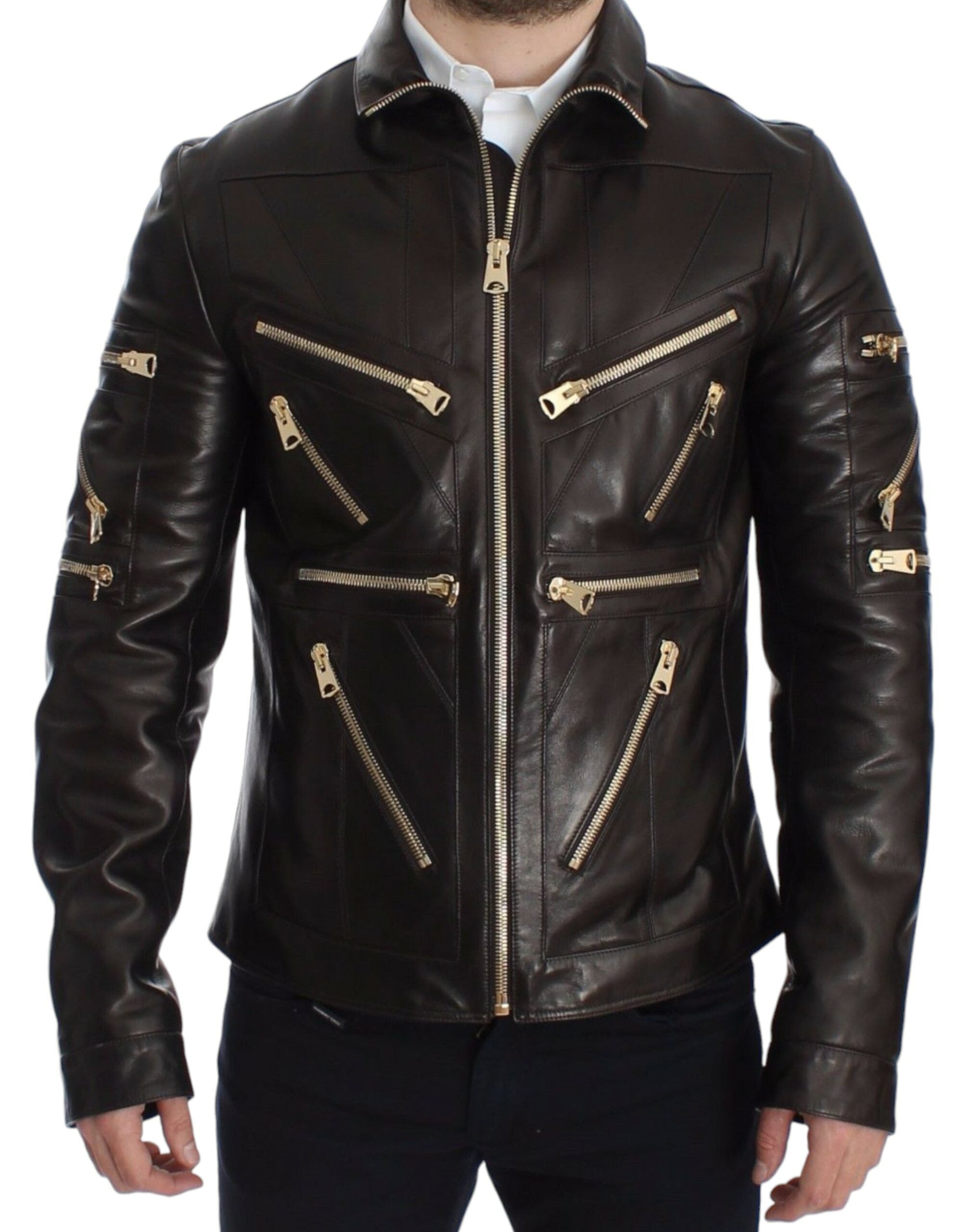 Brown lambskin leather zipper jacket by Dolce & Gabbana, featuring a stylish design with a front zipper and smooth leather texture.