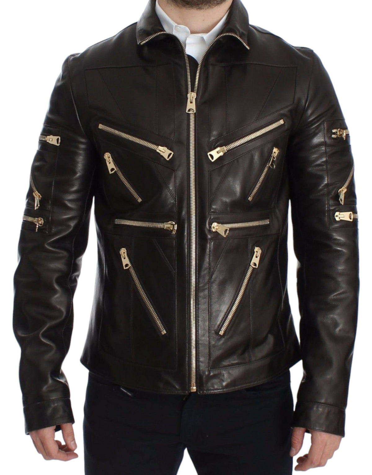 Brown lambskin leather zipper jacket by Dolce & Gabbana, featuring a stylish design with a front zipper and smooth leather texture.