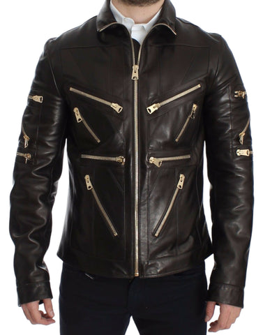 Brown lambskin leather zipper jacket by Dolce & Gabbana, featuring a stylish design with a front zipper and smooth leather texture.