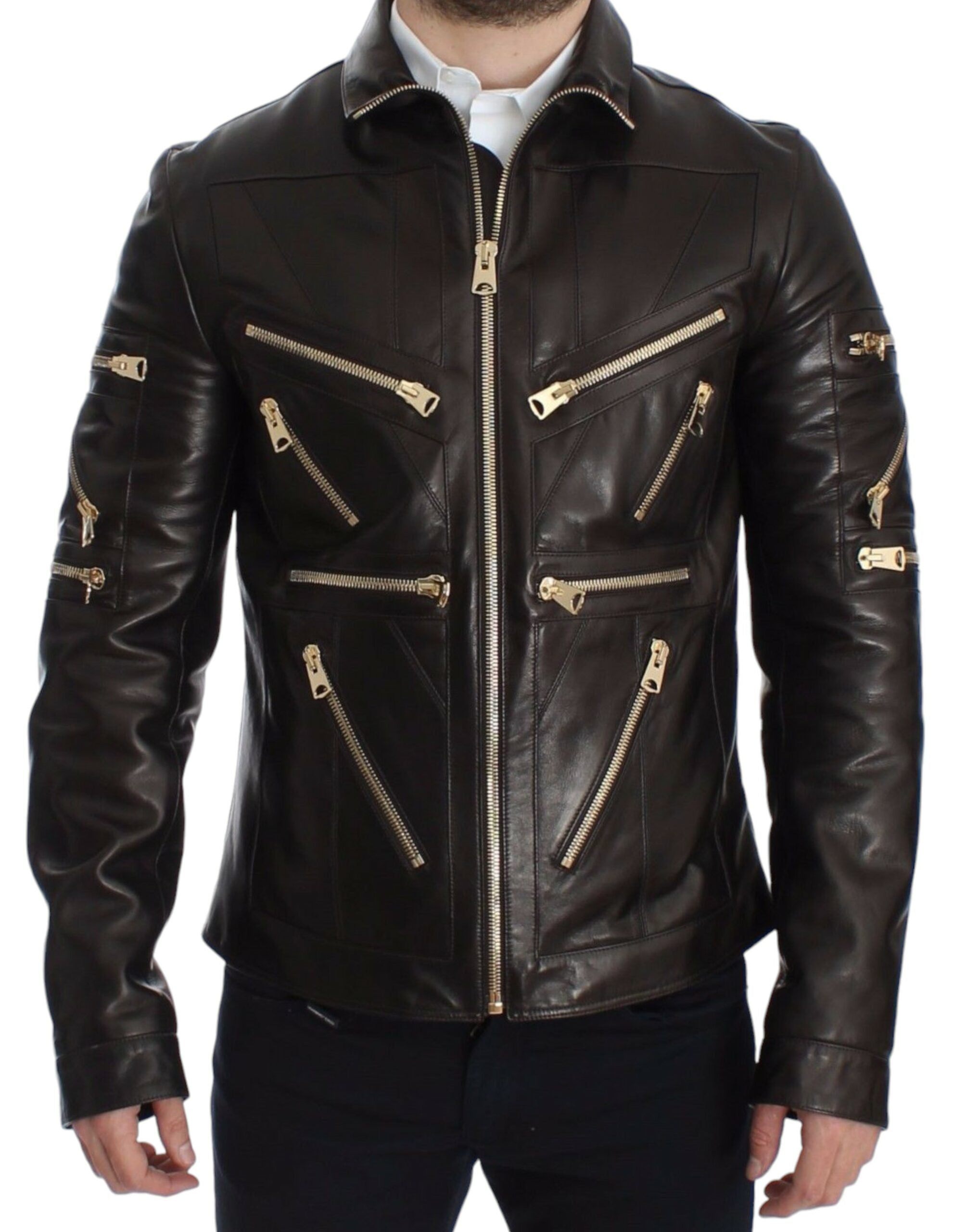 Brown lambskin leather zipper jacket by Dolce & Gabbana, featuring a sleek design and front zipper closure.