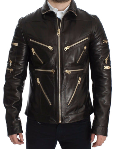 Brown lambskin leather zipper jacket by Dolce & Gabbana, featuring a sleek design and front zipper closure.