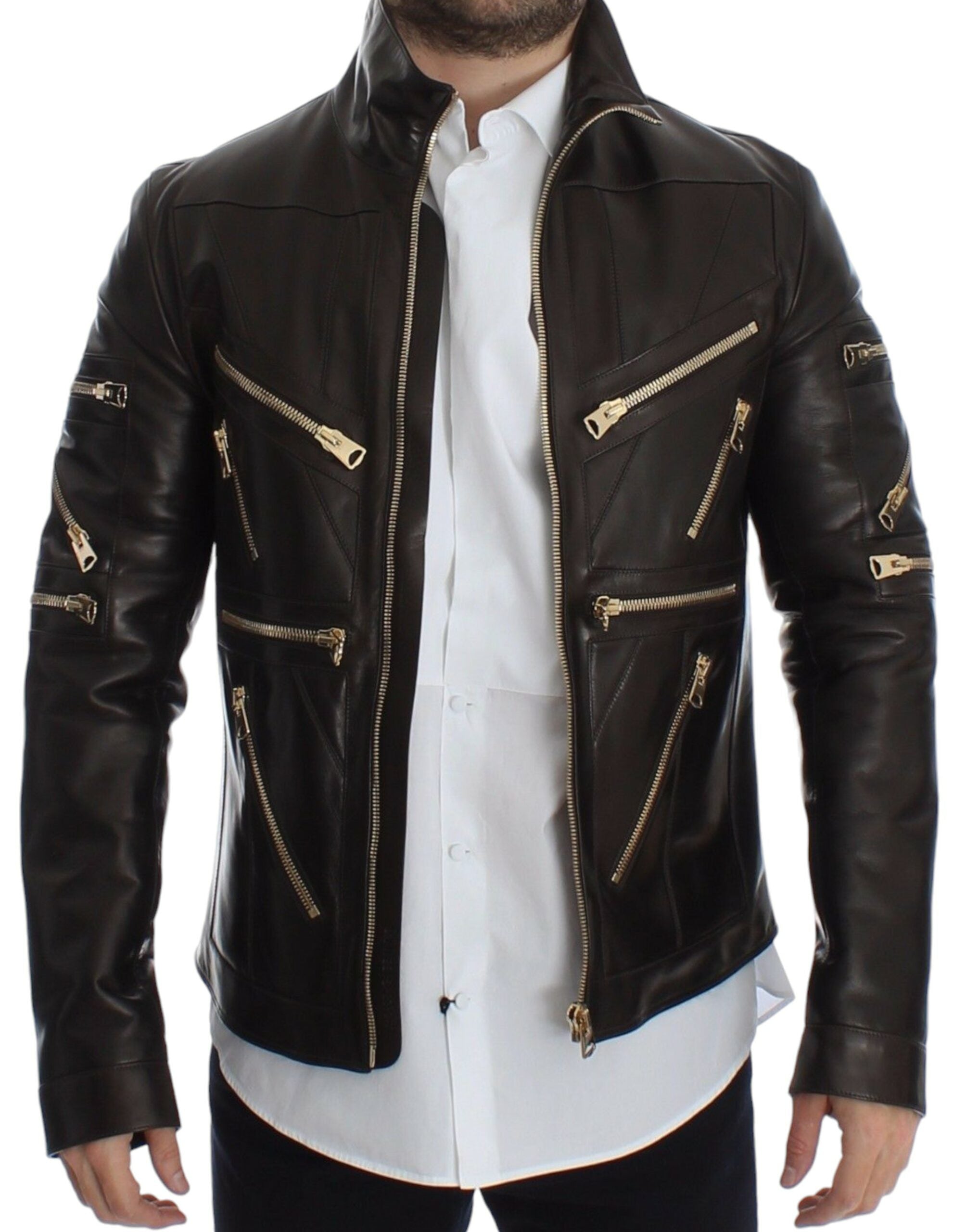 Brown lambskin leather zipper jacket from Dolce & Gabbana, featuring a stylish design and metal zipper closure.