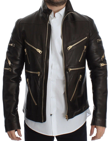 Brown lambskin leather zipper jacket from Dolce & Gabbana, featuring a stylish design and metal zipper closure.