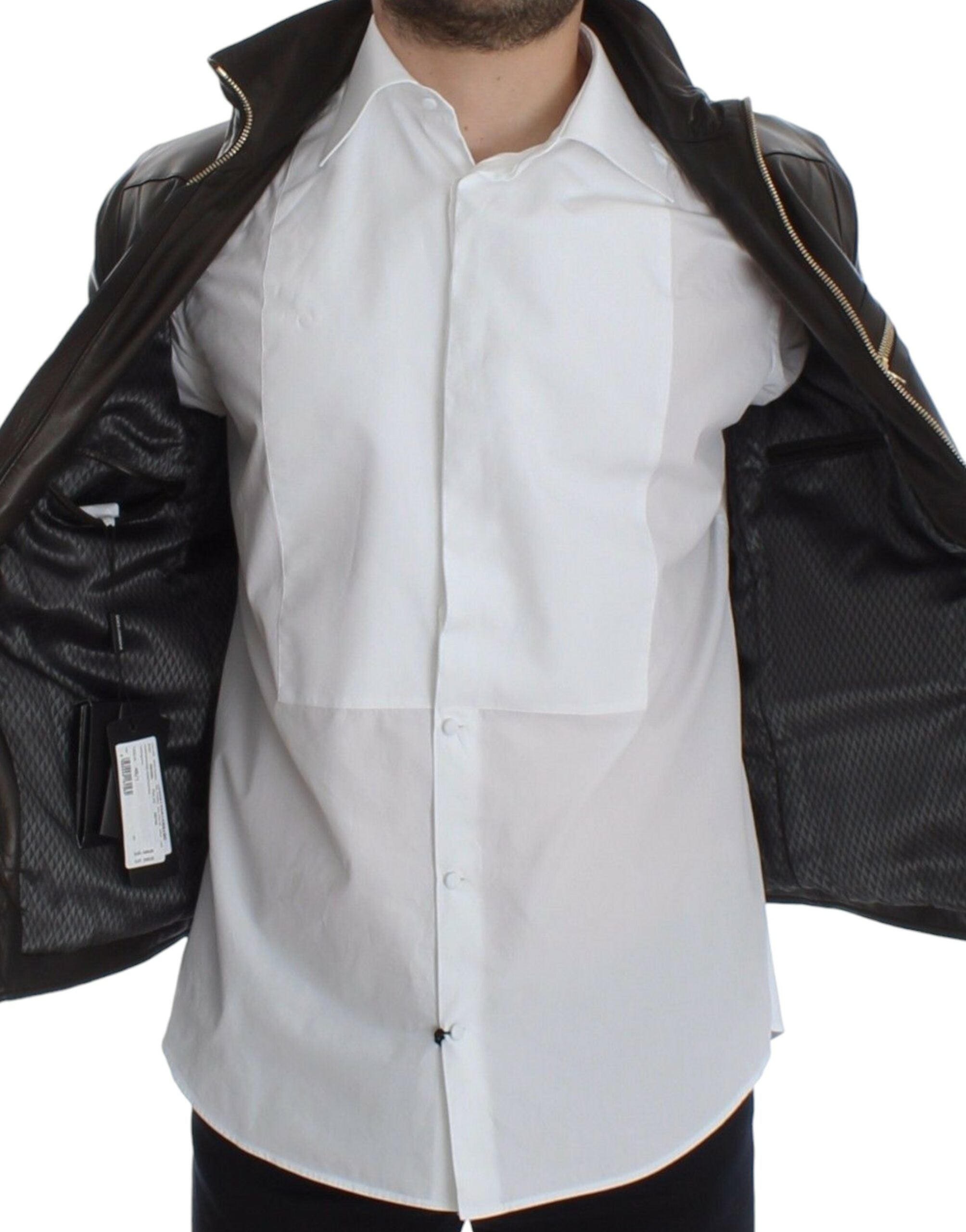 Brown lambskin leather zipper jacket by Dolce & Gabbana, featuring a stylish design and metal zipper closure.