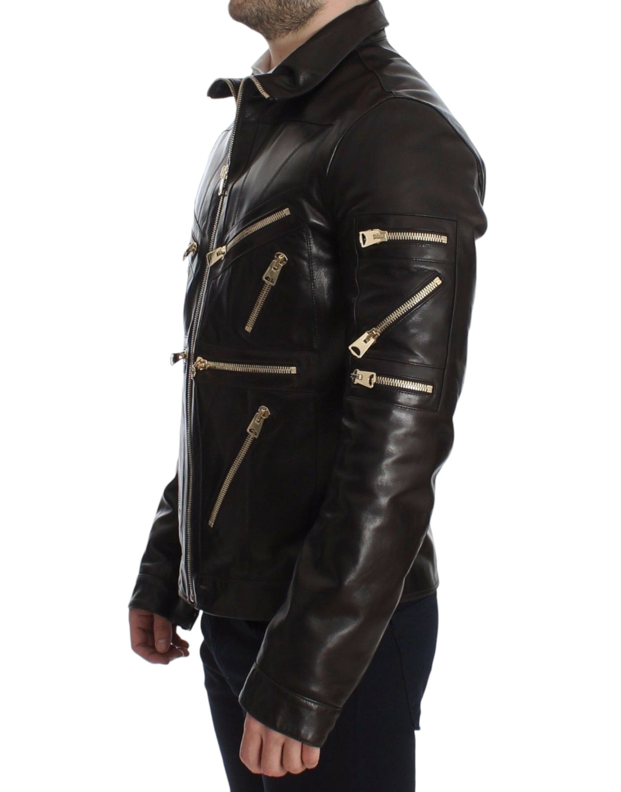 Brown lambskin leather zipper jacket by Dolce & Gabbana, featuring a sleek design and zipper details.