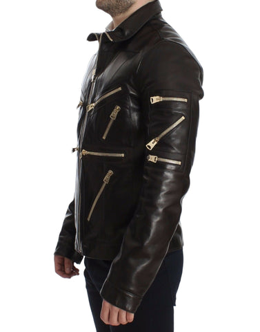 Brown lambskin leather zipper jacket by Dolce & Gabbana, featuring a sleek design and zipper details.