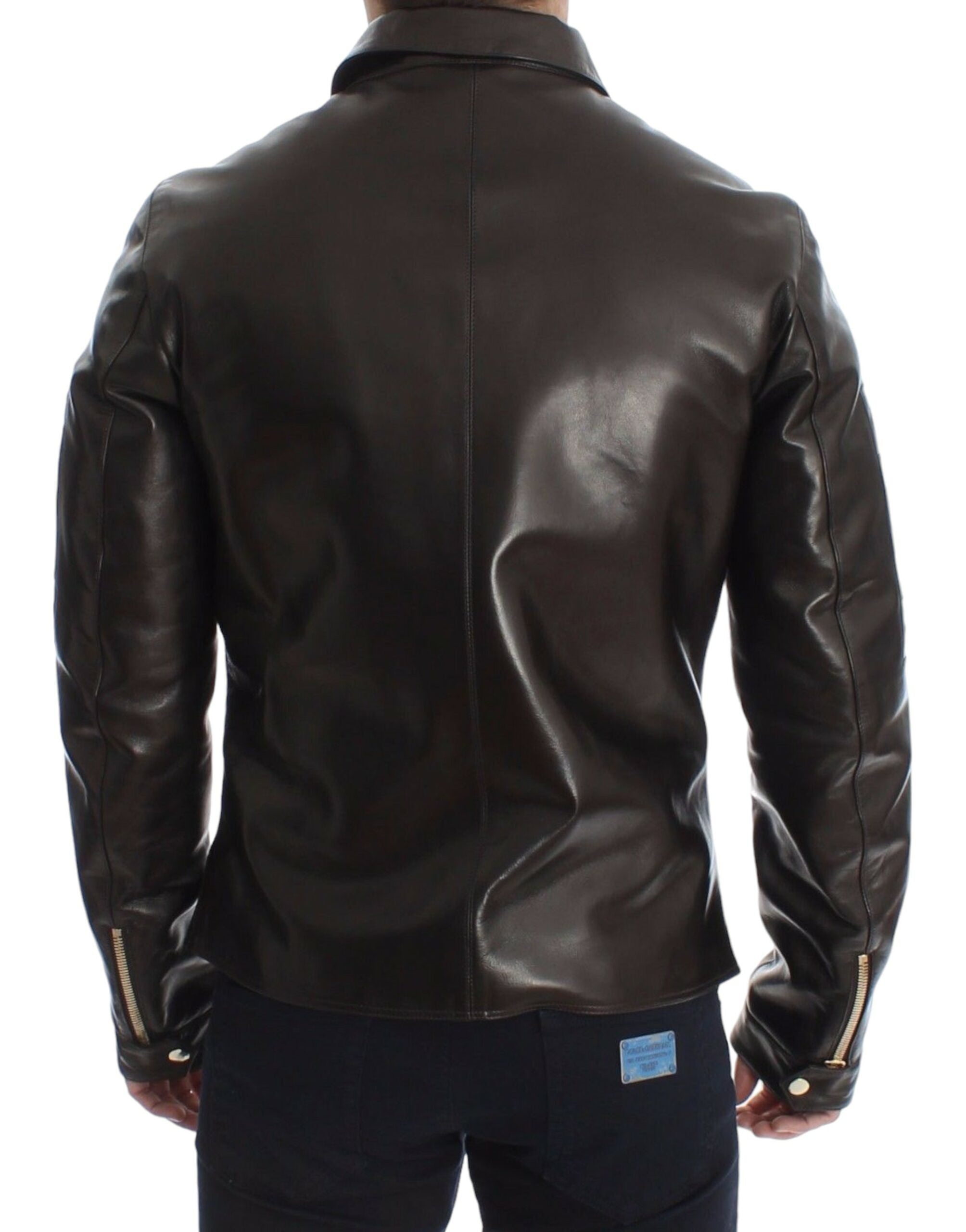 Brown lambskin leather zipper jacket by Dolce & Gabbana, showing close-up of textured leather and front zipper detail.