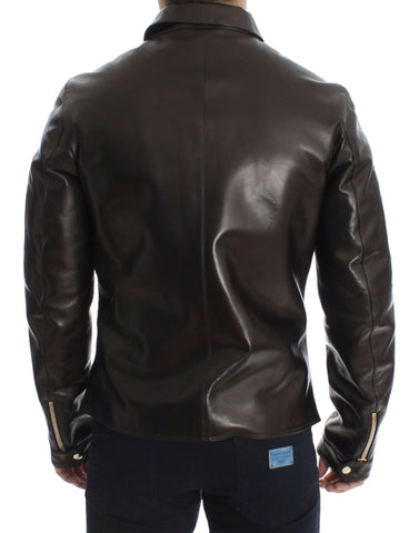 Brown lambskin leather zipper jacket by Dolce & Gabbana, showing close-up of textured leather and front zipper detail.