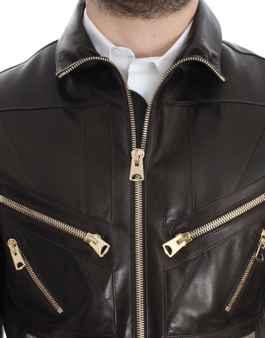Brown lambskin leather zipper jacket by Dolce & Gabbana, featuring a stylish design and silver zipper details.