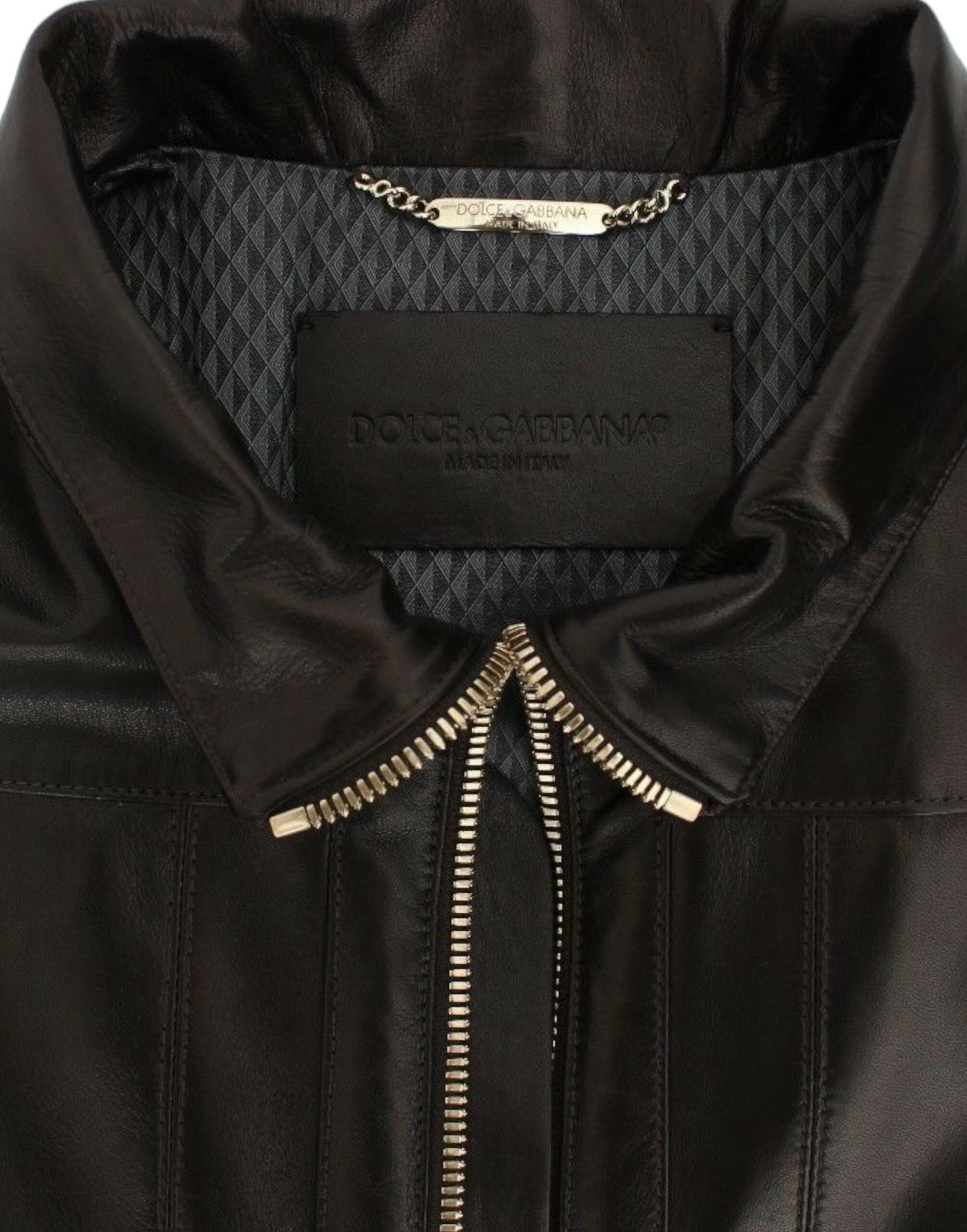 Brown lambskin leather zipper jacket from Dolce & Gabbana with a stylish, fitted design and silver zipper details.