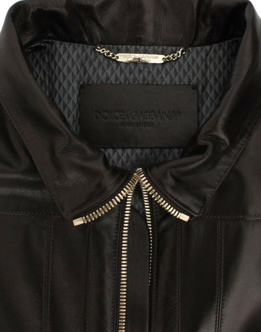 Brown lambskin leather zipper jacket from Dolce & Gabbana with a stylish, fitted design and silver zipper details.