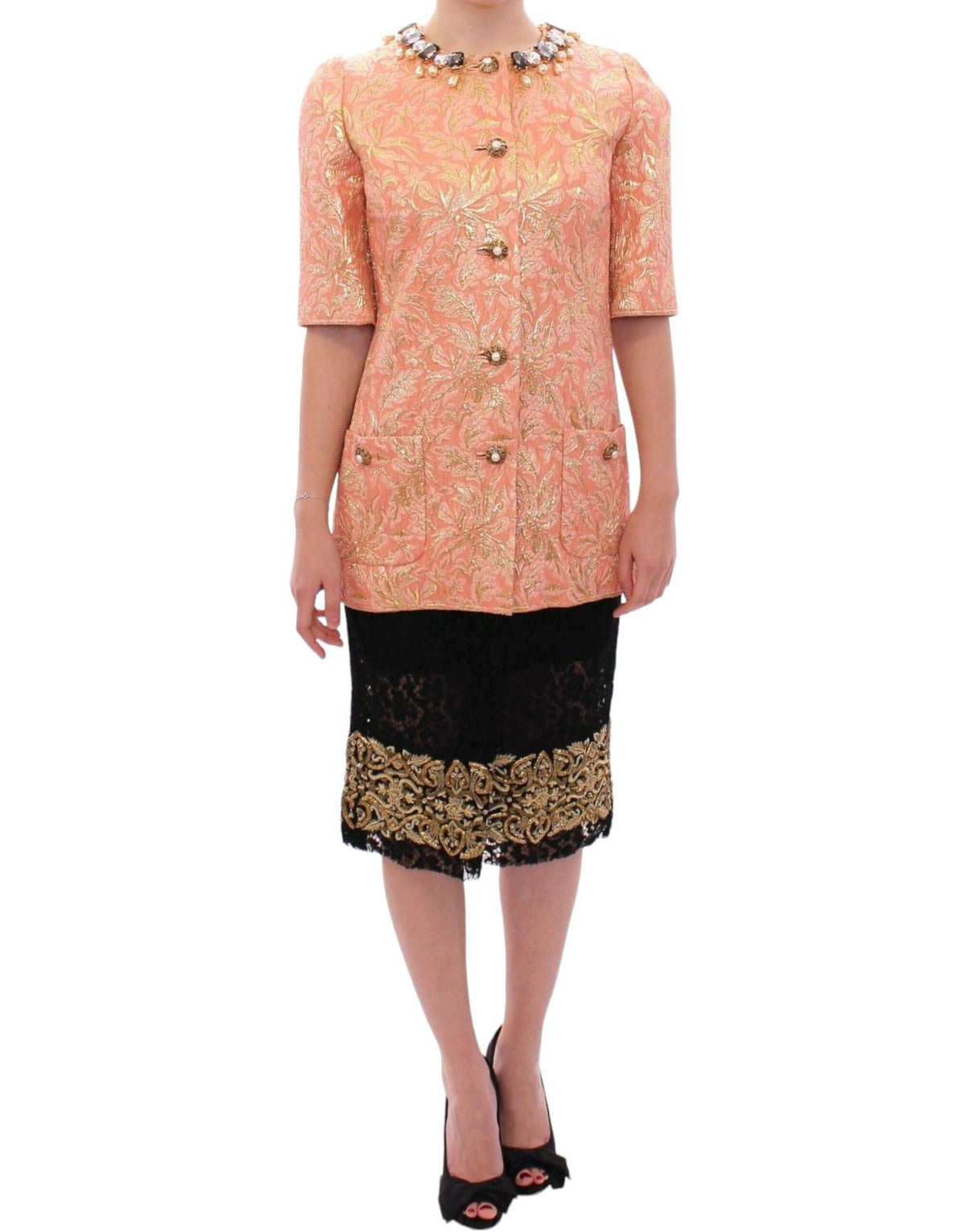 Pink silk brocade crystal jacket coat by Dolce & Gabbana, featuring intricate embroidery and shimmering embellishments.