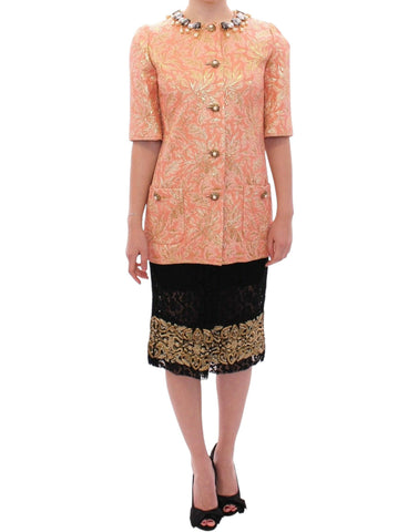 Pink silk brocade crystal jacket coat by Dolce & Gabbana, featuring intricate embroidery and shimmering embellishments.