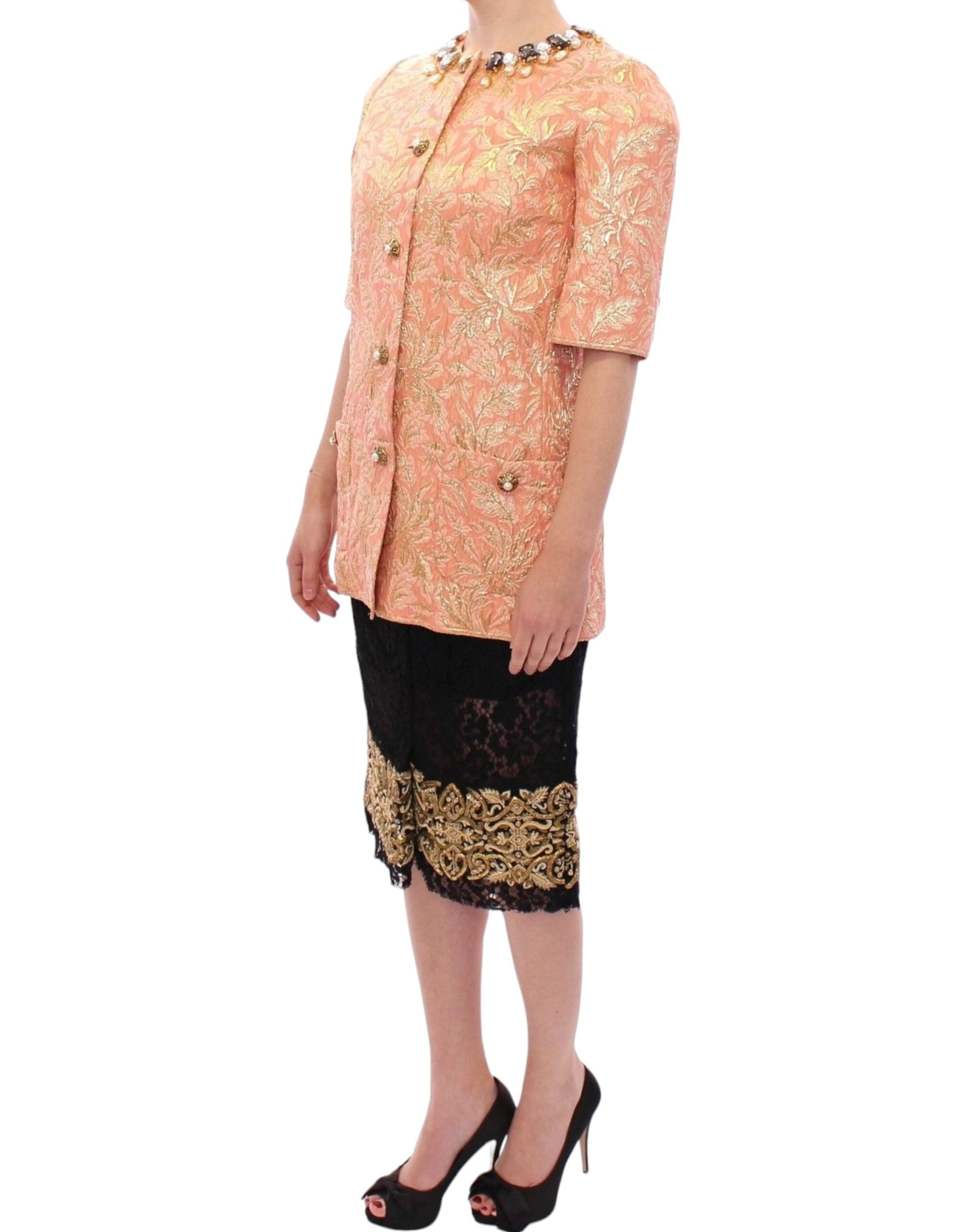 Pink silk brocade crystal jacket coat by Dolce & Gabbana, featuring intricate embroidery and elegant design details.