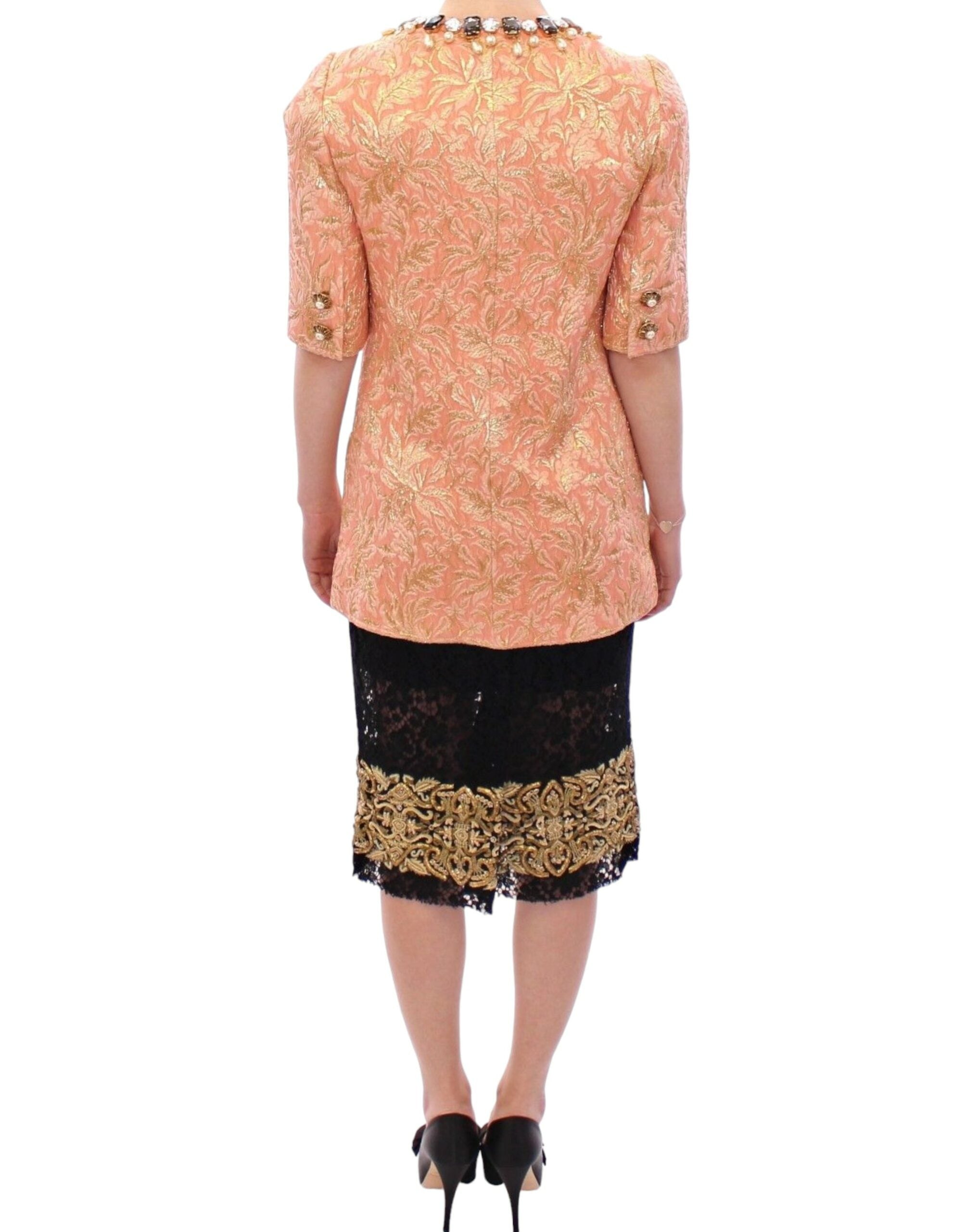 Pink silk brocade crystal jacket coat by Dolce & Gabbana, featuring intricate embroidery and elegant embellishments.