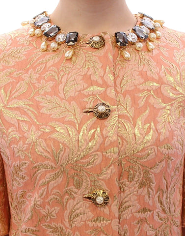 Pink silk brocade crystal jacket coat by Dolce & Gabbana, featuring intricate embroidery and elegant design.