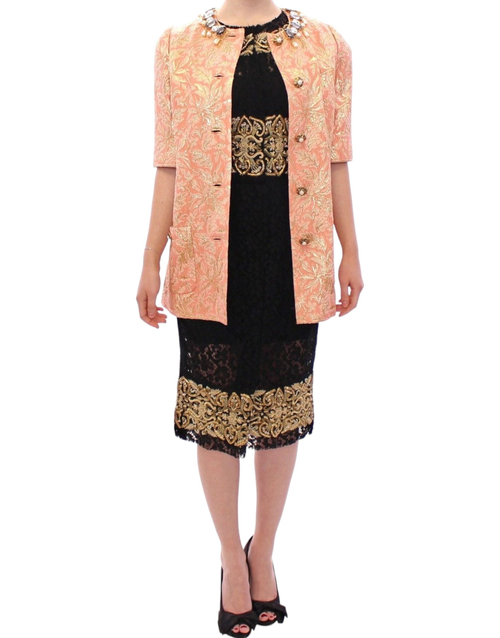 Pink silk brocade crystal jacket coat by Dolce & Gabbana, featuring intricate embroidery and elegant design details.