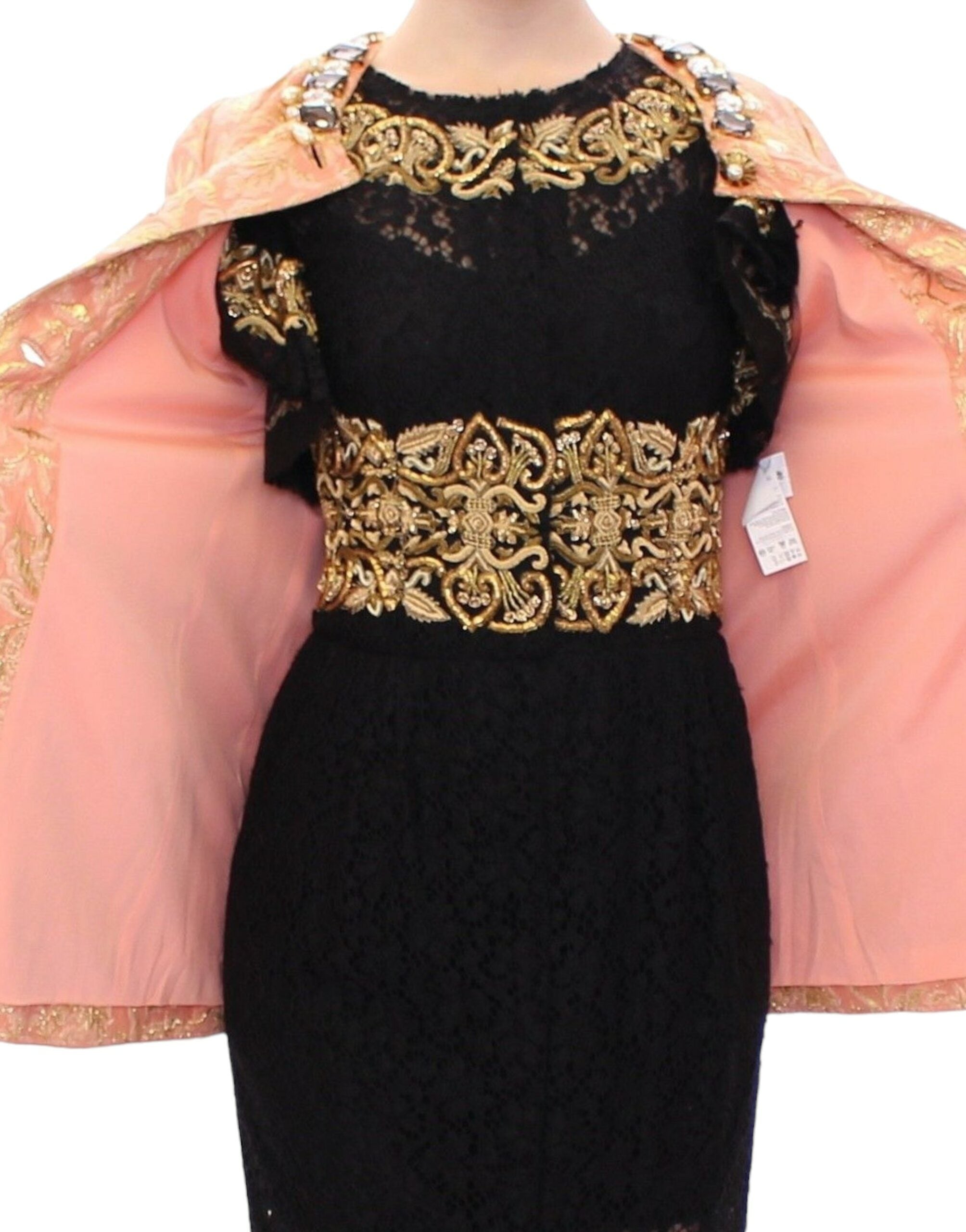 Pink silk brocade Dolce & Gabbana crystal jacket coat with intricate embroidery and ornate detailing.