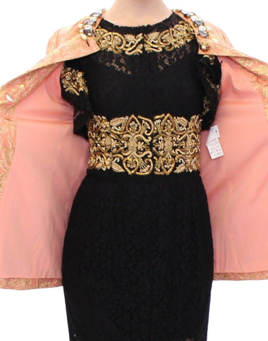 Pink silk brocade Dolce & Gabbana crystal jacket coat with intricate embroidery and ornate detailing.