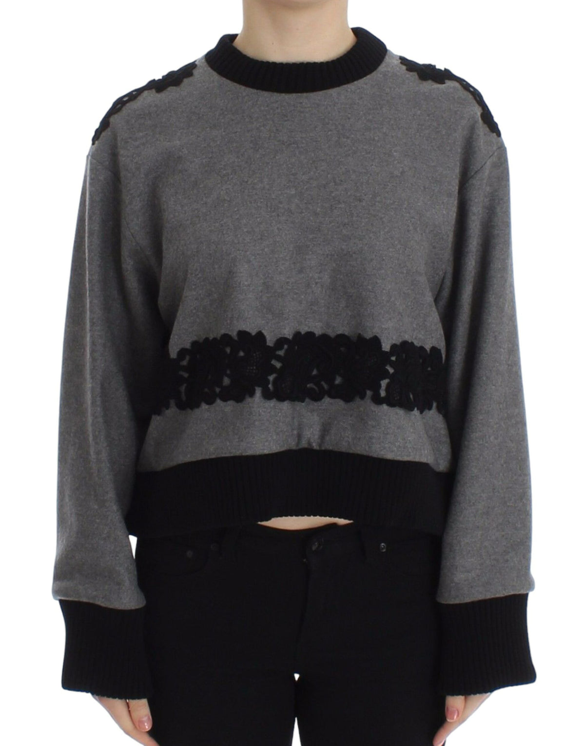 Gray and black lace wool cashmere sweater by Dolce & Gabbana, featuring intricate lace detailing and a cozy, luxurious fit.