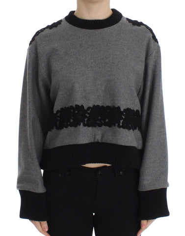 Gray and black lace wool cashmere sweater by Dolce & Gabbana, featuring intricate lace detailing and a cozy, luxurious fit.